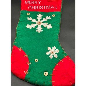 Vintage Large Felt Merry Christmas Stocking Red Green Length 17.50 Inches